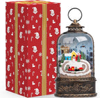 Christmas Snow Globe Lantern Water Glittering Snowman & Train with Music & Timer, USB Lined/Battery Operated Lighted Lantern for Christmas Festival Decoration Gifts