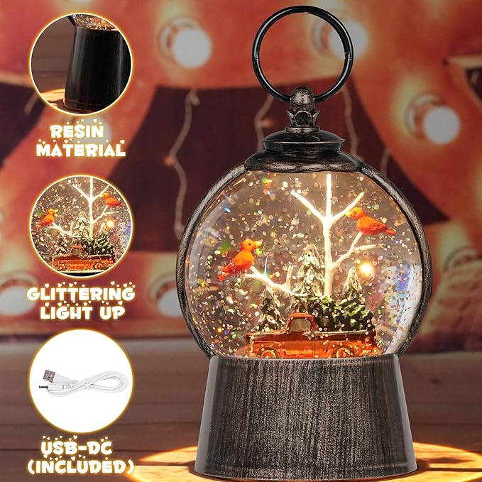 Christmas Snow Globe Lantern with Timer Cardinals Christmas Tree Truck Lighted Music Snow Globes, USB & Batteries Powered Holiday Glitter Globe for Xmas Indoor Decoration and Cardinal Gifts
