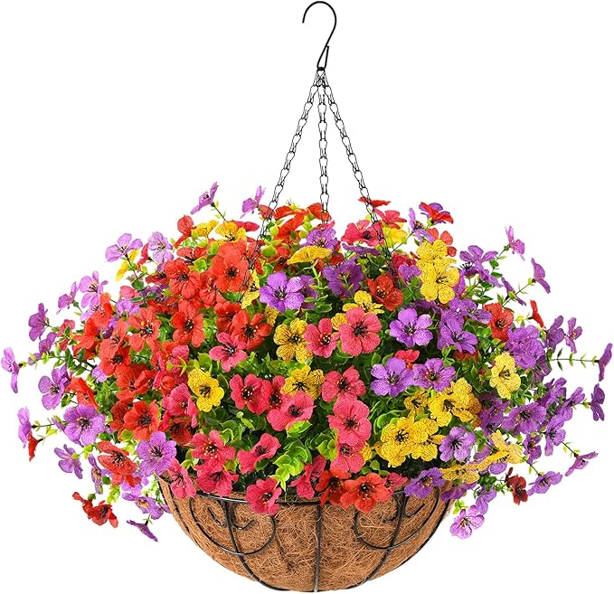 Artificial Fake Hanging Flowers Plants Basket for Outdoor Spring Decoration, Faux Silk Daisy Outside Indoor UV Resistant Look Real Yard Patio Front Porch Garden Balcony Home Decor(Mix3)