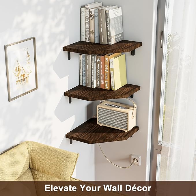 Alsonerbay Corner Shelf Wall Mount, Set of 3 Floating Corner Shelves with Cord Hole, Rustic Wood Shelves for TV, Speaker, Cable Box, Game Console for Bedroom, Kitchen, Living Room Carbonized Black
