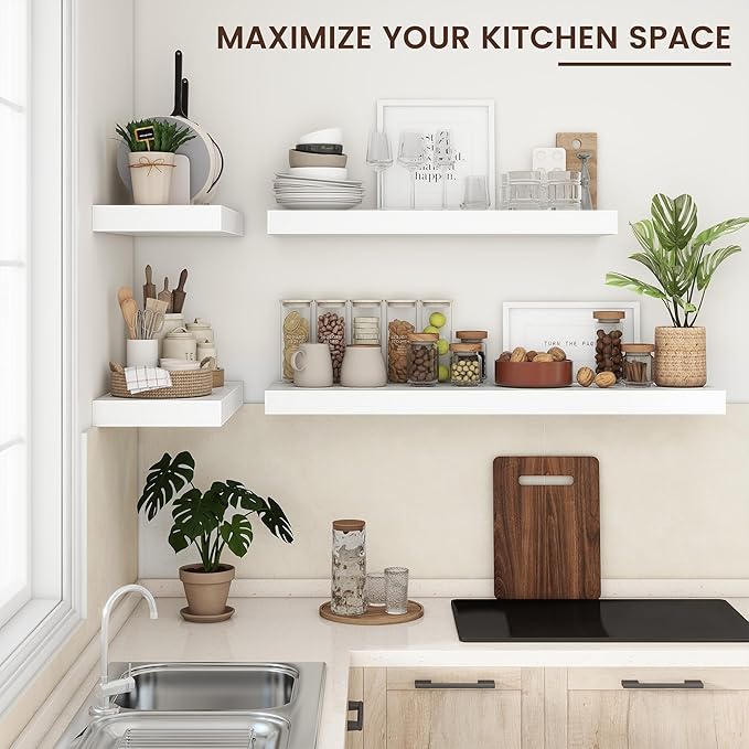 Venusmiles Floating Shelves for Wall, 24 Inch Wide x 12 Inch Deep Floating Shelves, Long Wood Floating Wall Shelf Shelves for Living Room Bathroom Bedroom Kitchen Home - (White, 24" W x 12" D x 2" H)