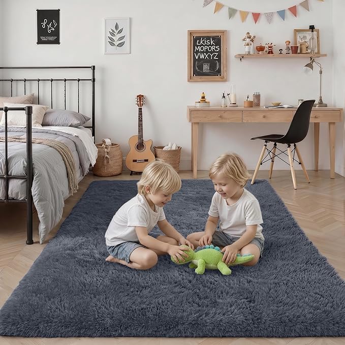 Fluffy 4x6 Area Rugs for Living Room Bedroom: Ultra Soft Shag Rug Non-Slip Non-Shedding Small Plush Bedside Rug Indoor Floor Carpets for Kids Room Playroom Entryway Nursery Dorms Home Decor Grey