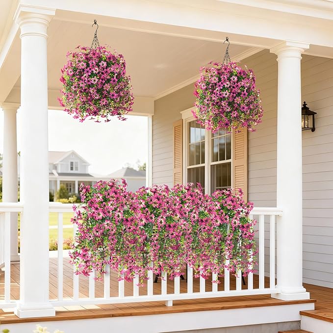 Artificial Flowers for Outdoors, 2 Pcs Fake Hanging Flowers Plants Outdoors Spring Summer Decoration, UV Resistant Faux Flower for Outdoor Planters Porch Patio Yard Home Decor(Gradient Purple Red)