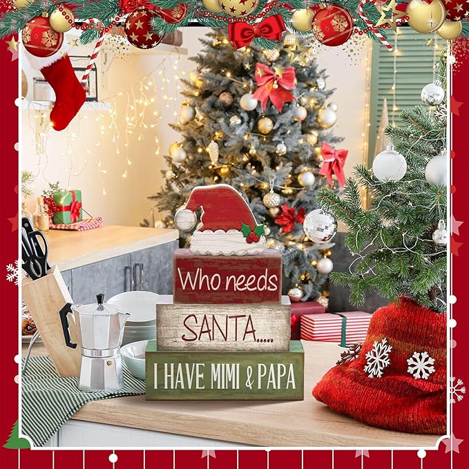 Lineshading 4 Pcs Christmas Table Decorations Wooden Red Santa Hat Christmas Tiered Tray Decor Rustic Wood Santa Hat Block Sign Xmas Centerpiece Mimi and Papa's Gift Decor for Home Shelf Kitchen