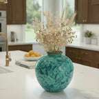 Creative Co-Op Round Decorative Terra-Cotta Vase with Transferware Pattern, Aqua