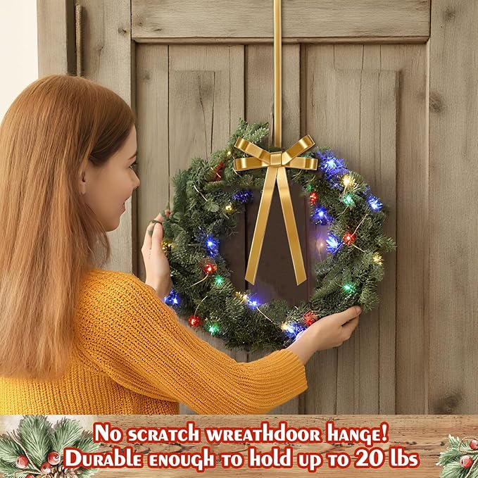 2 Pack Christmas Wreath Hangers for Front Door Christmas Decoration Metal Bow Door Wreath Hanger Front Gold Bow Garland Hooks Hanging Welcome Sign for Xmas Halloween Fall Decorations