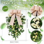 2 PCS 22" Artificial Green Eucalyptus Teardrop Swag for Front Door Greenery Swag Spring Summer Olive Kitchen Cabinet Wreath with White Berry for Farmhouse Home Porch Wall Window Festival Wedding Decor