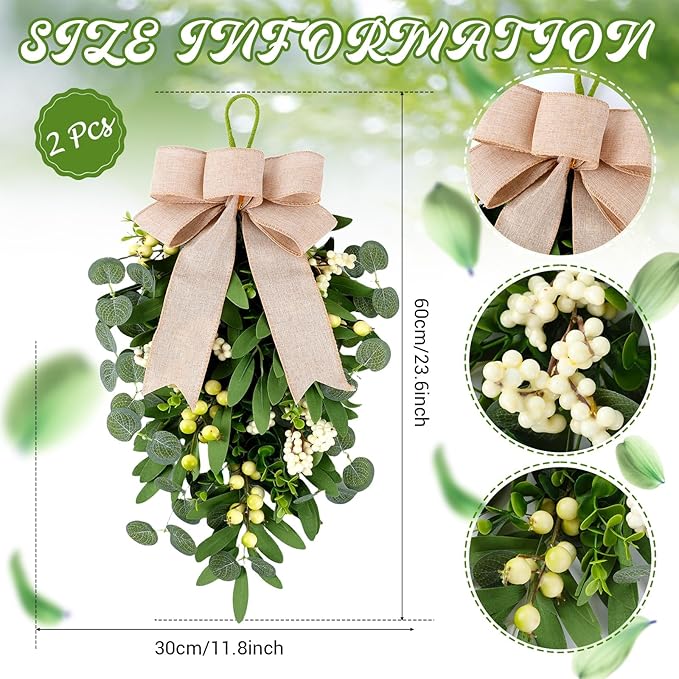 2 PCS 22" Artificial Green Eucalyptus Teardrop Swag for Front Door Greenery Swag Spring Summer Olive Kitchen Cabinet Wreath with White Berry for Farmhouse Home Porch Wall Window Festival Wedding Decor
