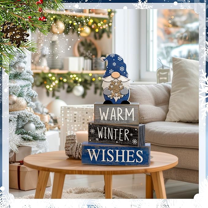 Lineshading 4 Pcs Winter Table Decorations Wooden Gnome Decor Winter Tiered Tray Decor Christmas Centerpiece Rustic Decorative Gnome Snowflake Block Sign Gift Farmhouse Xmas Signs for Home Kitchen