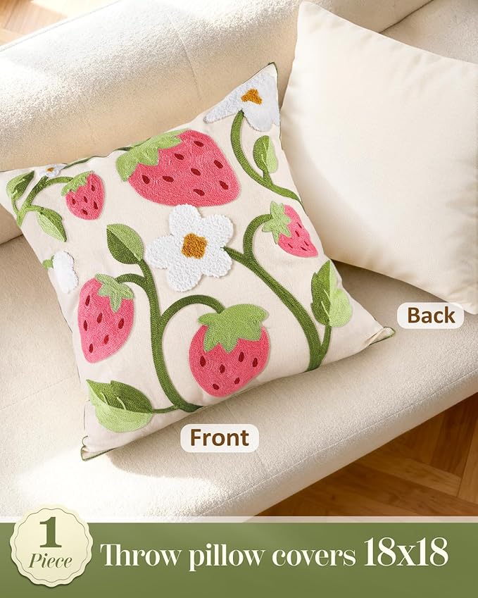 Embroidered Throw Pillow Cover 18x18 Inch - Spring Summer Boho Decorative Pillow Cover with Zipper for Living Room Couch Sofa Bed Aesthetic Design Branch Strawberry Cushion Pillowcase