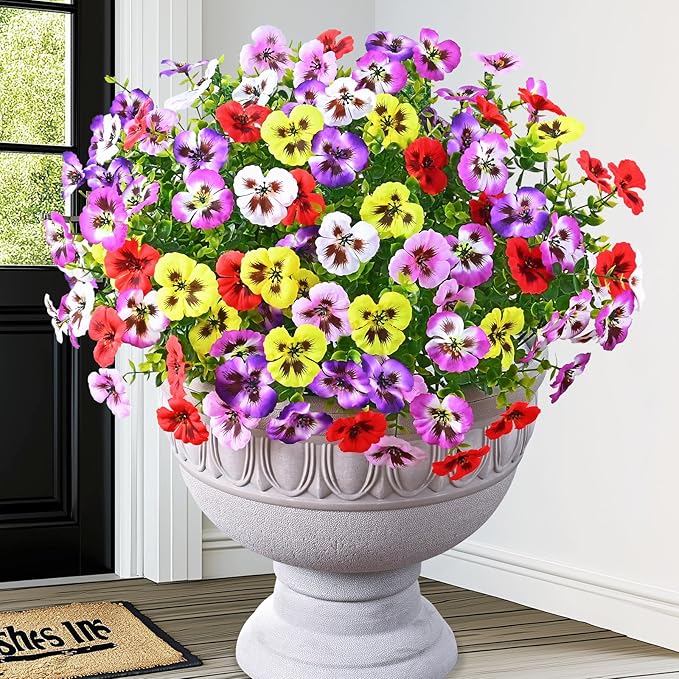 MARTINE MALL 18 Bundles Artificial Flowers for Outdoors, Fake Outdoor Flowers, Fake Pansy Faux Plants Outdoor UV Resistant Silk Pansy Flowers for Planters Indoor Porch Decor (Mix Colors)