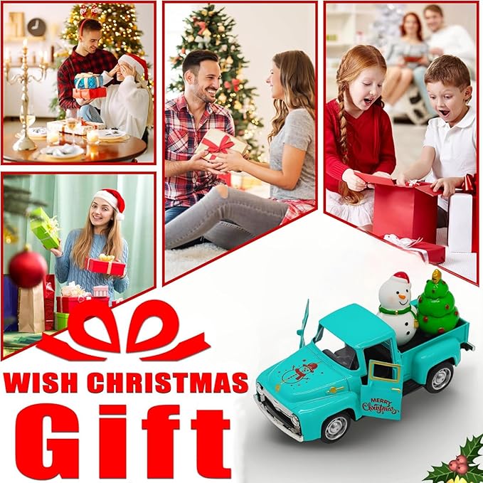 Vintage Blue Christmas Truck Decor – 4.9″Retro Die-Cast Metal Pickup with Snowman and Christmas Tree Figurines for Xmas Town Village Accessories Set Display Home indoor Decoration Gift(Xmas-Blue)