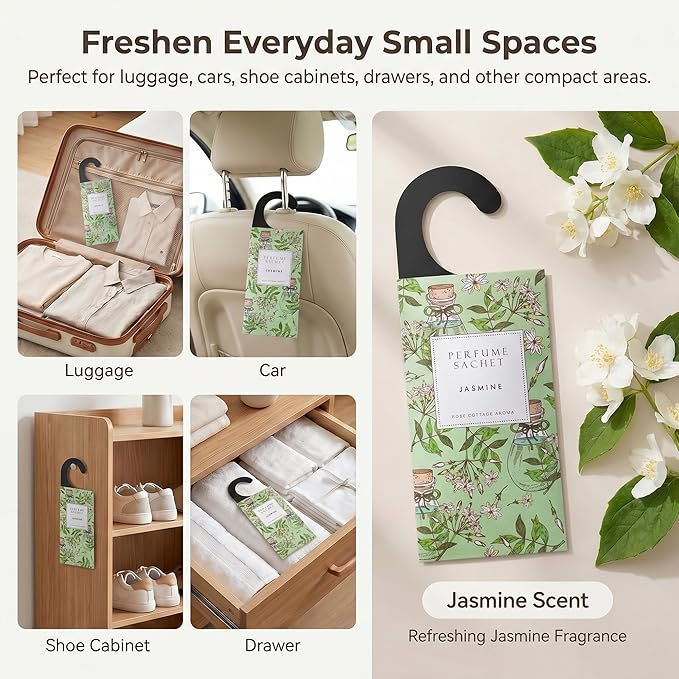 ROSE COTTAGE Large 12 Packs Jasmine Hanging Closet Deodorizer Air Freshener Long Lasting Scented Sachets Smell Goods for House