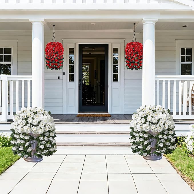 Artificial Fake Hanging Flowers Geraniums for Outdoors Spring Outside Decor, 2 PCS Faux Silk Flowers UV Resistant Outdoor Plants Realistic White Trailing Vines for Planters Porch Patio Garden Balcony