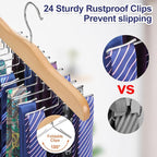 TOPIA HANGER Tie Rack Hanger for Closet 2 Packs, Wooden Tie Organizer for Men with 24 Folding Hooks, Space Saving Necktie Holder for Storage and Display Bra, Tank Top, Camisole (Natural) - CT14N-2