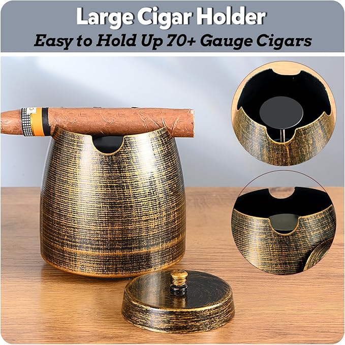 Cigar Ashtray with Lid for Outdoors Outside Patio Home Retro Decor,Large Cigar Holder Ash tray Outdoors,Cigar Accessories Gift for Men Dad Husband Boyfriend-Small