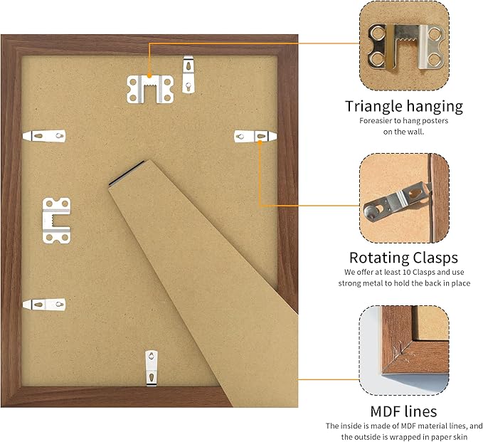 8.5x11 Picture Frame 3 Pack - Brown Poster Frame Display Pictures 6x8 with Mat or 8.5 x 11 Without Mat for Wall Hanging Horizontal and Vertical