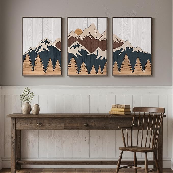 Framed 3D Wood Mountain Textured Wall Art for Living Room, 3 Piece Farmhouse Modern Wood Artwork for Walls, Landscape Mountain Forest Sun Wall Art Decor for Home Office Bedroom Hallway, 16x24 Inch