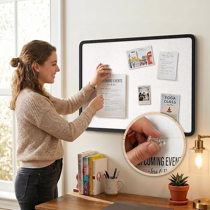 Bulletin Board, 48 x 36 inches Decorative Felt Board Foldable Photo Board Pin Boards, Cork Board Alternative for Walls, Office, Home, Classroom with Pushpins ＆ Small Storage Bag, Black