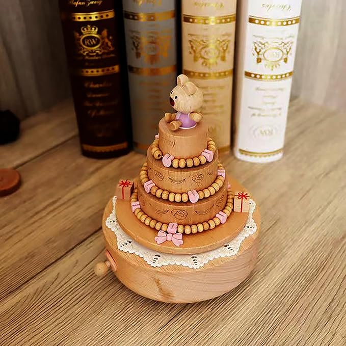 Natural Solid Wood Handcrafted Beech Wooden, Musical FigureTotoro/Carousel/Fairy/Ballerina Figurine,Rotating Hand Crank Mechanism Music Box,Musical Decorations (Cute Little Bear's Birthday Cake)