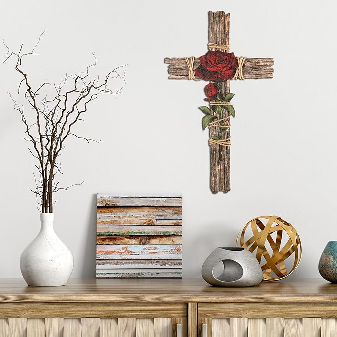 Chunful Wood Wall Cross with Hemp Rope Rose Wooden Wall Mounted Holy Cross Art Religious Home Living Room Decor Accessory for Home Decoration and Gifts
