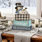 Moucuny 4 Pcs Winter Table Decorations Playful Snowman Decor Indoor Winter Tiered Tray Decor Rustic Wooden Decorative Snowman Block Sign Gift Snowflake Centerpiece Farmhouse for Home Kitchen