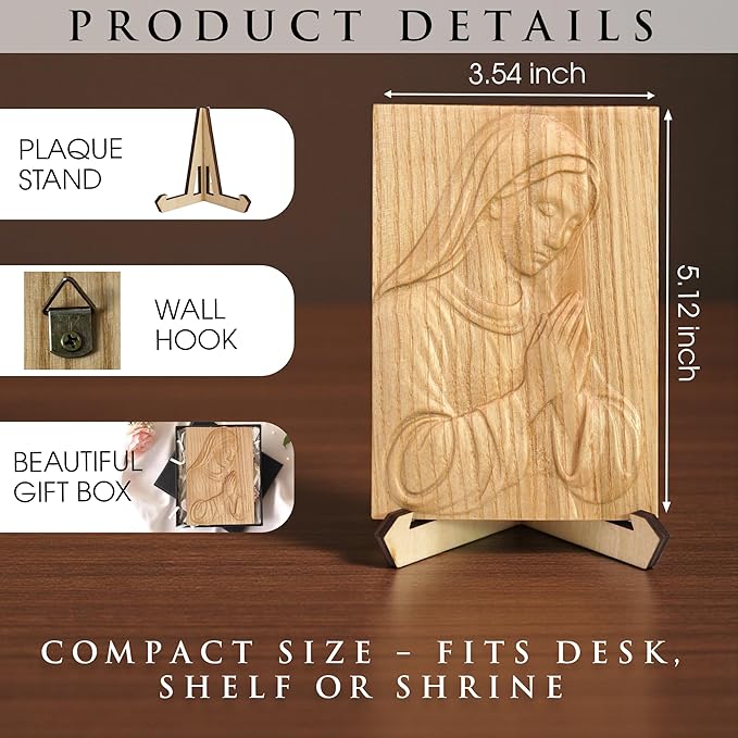 KATINAT Virgin Mary Wooden Plaque with Stand & Gift Box – Solid Wood Relief, Wall or Desk Catholic Home Altar & Prayer Corner Décor, Christian Christmas/Baptism/First Communion/Confirmation Gift