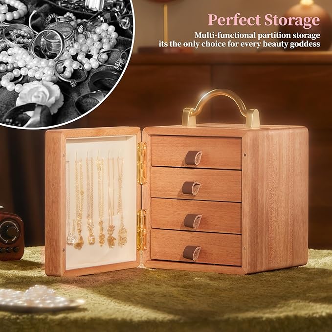 Wooden Jewelry Box for Women 4 Tier Walnut Wooden Jewelry Box with handle (Flower and butterfly prints A)