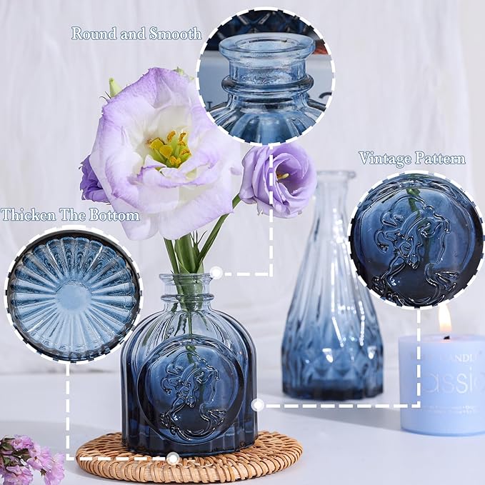 Glass Blue Bud Vases Set of 12, Mini Flower Vase for Centerpieces, Small Glass Vases in Bulk for Bridal Shower Decorations, Vintage Vase for Wedding, Party, Graduation, Home Table Décor