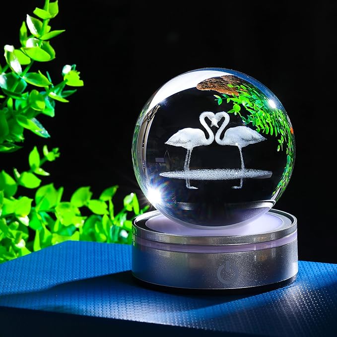 Movdyka Flamingo Gifts for Women Men 3D Crystal Ball with Colorful Light Base, Laser Engraved Flamingo Decor Glasses Snow Globe Crafts Gifts for Her Wife on Valentine's Day Birthday- 3.15"/8CM