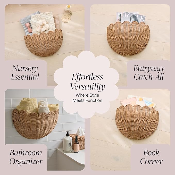 BEBE BASK Scalloped Wicker Hanging Basket - The Original Wicker Wall Decor - Hand Woven Wall Basket - Home Décor Wall Hanging Basket - Wall Storage Basket for Nursery, Living Room and Bathroom (Mocca)
