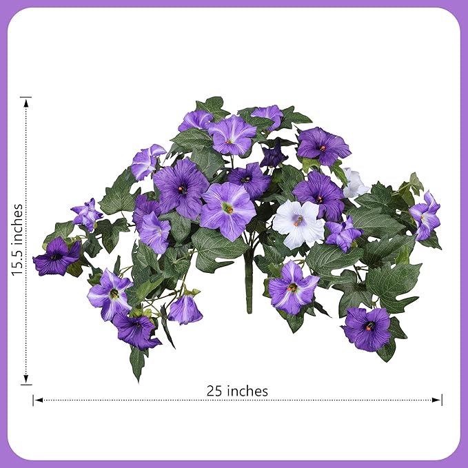 HyeFlora Artificial Flowers for Outdoors 2PCS Spring Faux Morning Glory Look Real Silk Flowers for Outside Planter UV Resistant Fake Flowers for Home Garden Balcony Yard Porch Deco Purple