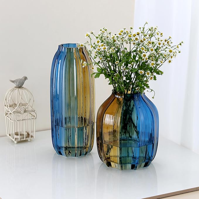 Christmas Flower Glass Vase Blue Gold Two-Toned Floreros Unique Decorative Vase 12.0" Vases Decorations for Centerpieces, Home Decor,Bouquet,Holiday Table