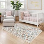 Moynesa Floral Washable Area Rugs, 3x5 Rugs for Bedroom Non Slip Soft Entry Rug, Boho Flower Small Living Room Throw Rug Ultra Thin Floor Carpet for Dorm Bathroom Nursery, Beige