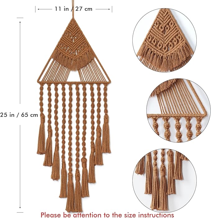 LOMOHOO Macrame Woven Wall Hanging Dream Catcher Triangle Tassel Geometric Art Boho Backdrop Bohemian Home Decor Wall Art Beautiful Apartment Dorm Room Door Decoration(Brown)