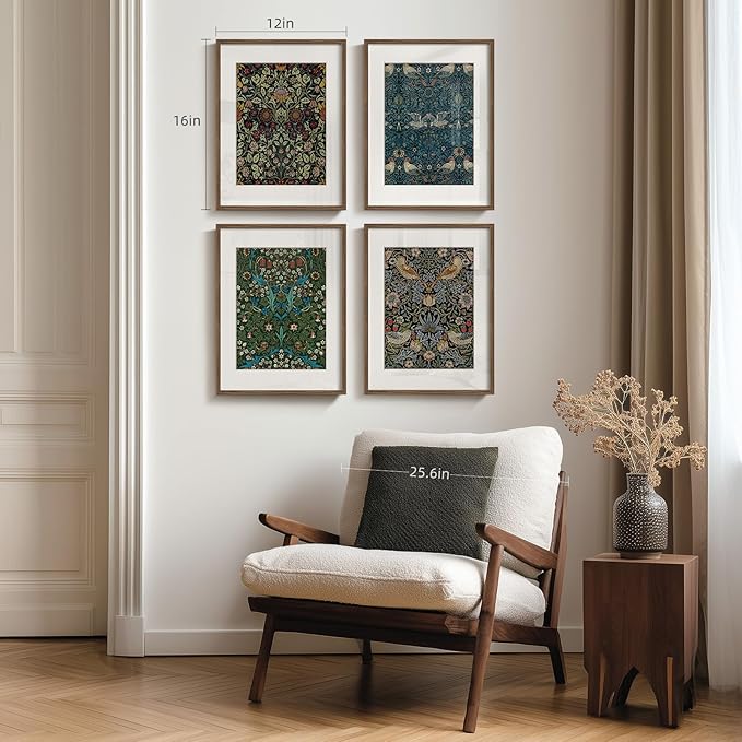 Framed William Morris Wall Art Set of 4, Vintage Botanical Floral Bird Prints, Retro Strawberry Thief Artwork for Living Room Bedroom Bathroom Office Dining Room, 12x16 Inch