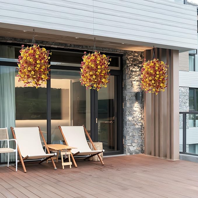Homsunny Artificial Faux Fall Hanging Flowers Plants Basket for Outdoor Decoration,Fake Silk Orange Mums planters UV Resistant Look Real for Home Porch Patio Yard Outside Autumn Decor (Brown)