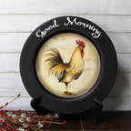 CVHOMEDECO. Rooster Decorative Plate Country Distressed Round Display Wooden Plate Home Décor Art, 11-1/4 Inch