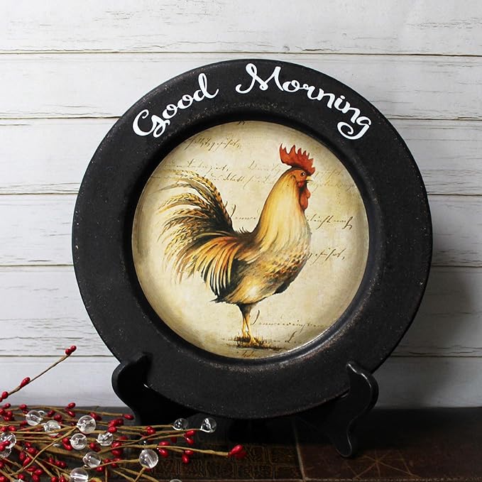 CVHOMEDECO. Rooster Decorative Plate Country Distressed Round Display Wooden Plate Home Décor Art, 11-1/4 Inch