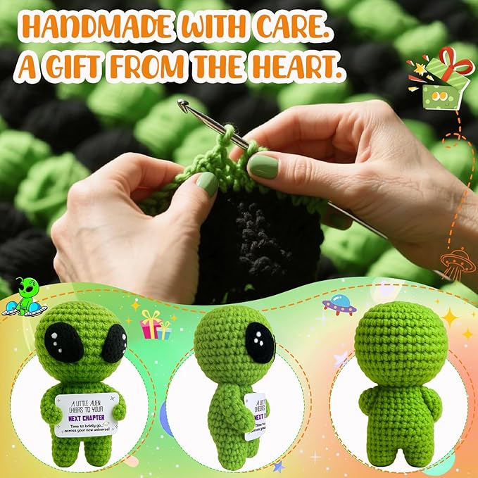 MAMAGIFTREE Cheers to Your Next Chapter - Positive Crochet Alien Plush - Ideal for Retirement Farewell Going Away Graduation 2026 New Job Promotion Gifts for Colleagues Students Teacher Coworker Boss