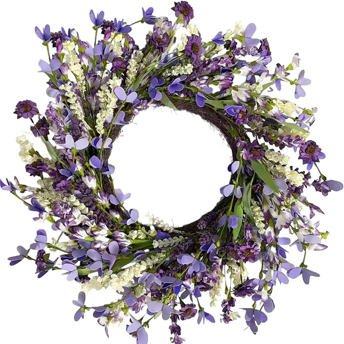 24 Inch Summer Lavender Wreath for Front Door Purple Daisy Artificial Wild Flower Greenery Leaves for All Seasons Home Wall Indoor Outdoor Window Decor