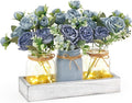 Mkono Mason Jar Lights Centerpiece Table Decor for Dining Room Farmhouse Wood Tray with 3 Jars Flowers Center Pieces Spring Decor for Coffee Table Kitchen Living Room, Grey Blue