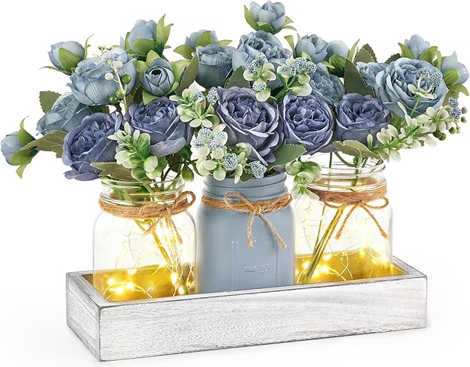 Mkono Mason Jar Lights Centerpiece Table Decor for Dining Room Farmhouse Wood Tray with 3 Jars Flowers Center Pieces Spring Decor for Coffee Table Kitchen Living Room, Grey Blue