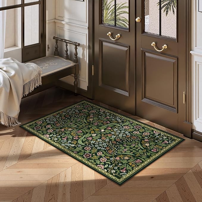 Moynesa Floral Kitchen Rug, 2x3 Washable Rugs Green Non Slip Boho Bathroom Rug, Soft Small Area Rug Indoor Door Mat, Ultra Thin Botanical Throw Rugs for Entryway Bedroom, Green