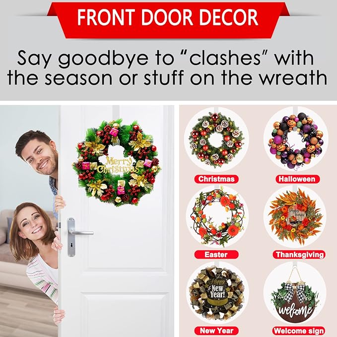 Wreath Hangers for Front Door,12" Clear Wreath Door Hanger,2 Pack Wreath Hanger Non Scratch Over The Door Hooks Easter Christmas Decorations Indoor Outdoor,Welcome Sign for Front Door Decor