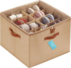 OrganiHaus Large Shoe Storage Bin for Closet, Shoe Organizer Box Fits up to 16 Pairs, Collapsible Fabric Shoe Basket w/Clear Cover, Adjustable Dividers & Reinforced Handles, Brown