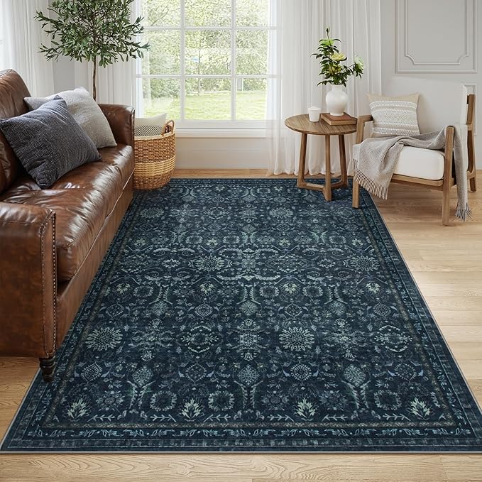 Lahome Navy Blue Boho Area Rugs 5x7,Washable Rugs for Bedroom,Dark Academia Vintage Carpet for Office,Rubber Backed Living Room Carpets for Dorm Dining Room Apartment