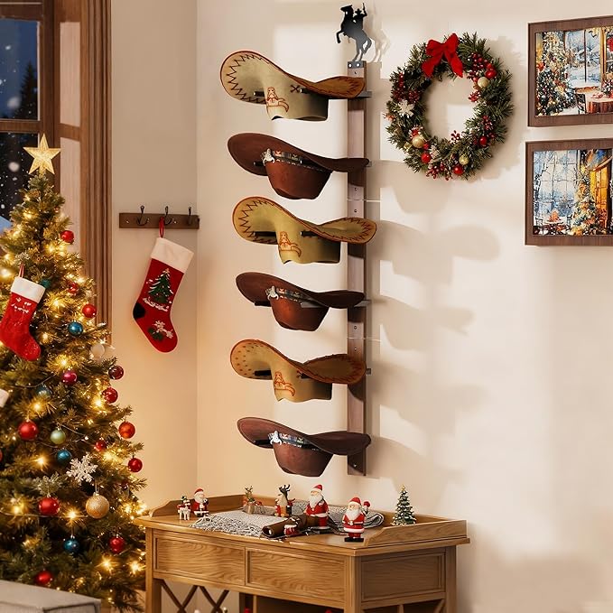 Cowboy Hat Rack for Wall – 3-Piece Wooden & Metal Western Hat Holder, Rustic Rider Sign Decor, Holds up to 6 Hats, Wall Mounted Cowboy Hat Organizer & Storage Display Rack for Cowboy Room Decor