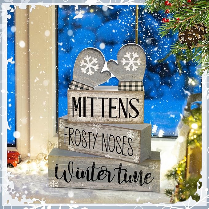 Lineshading 4 Pcs Winter Table Decorations Wooden Mittens Decor Winter Tiered Tray Decor Rustic Snowflake Mittens Block Signs Gift Farmhouse Christmas Centerpiece for Wonderland Party Kitchen Home