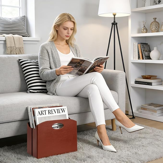 EZDeco PU Leather Magazine Holder, Magazine Rack Floor, Magazine Storage Basket & Vinyl Record Holder, File Folder Organizer for 12 inch LP Albums, Magazines, Books, Newspapers (brown)